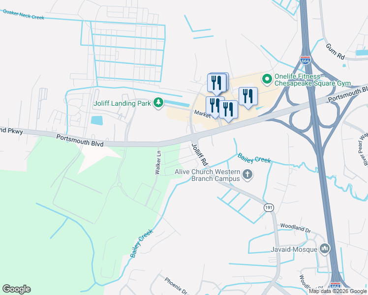 map of restaurants, bars, coffee shops, grocery stores, and more near 4907 Portsmouth Boulevard in Chesapeake