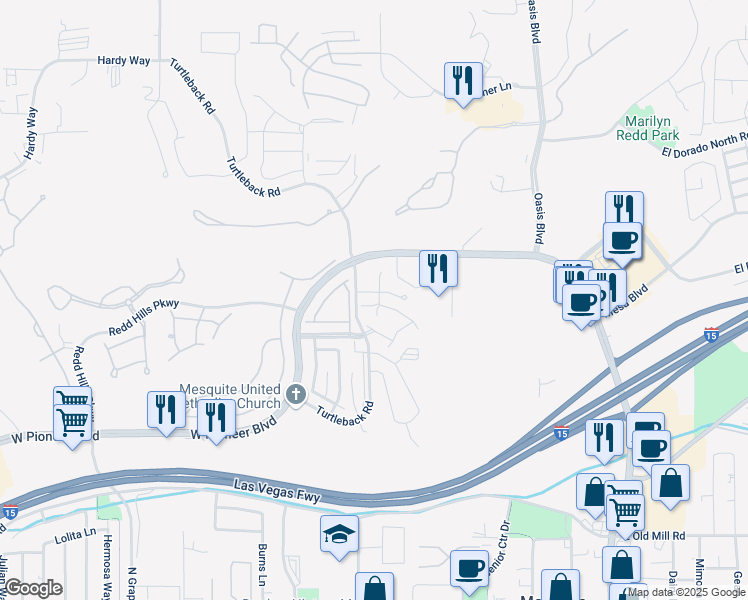 map of restaurants, bars, coffee shops, grocery stores, and more near 374 Colleen Court in Mesquite