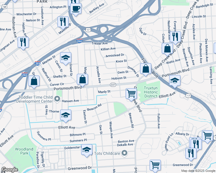 map of restaurants, bars, coffee shops, grocery stores, and more near 2713 Portsmouth Boulevard in Portsmouth