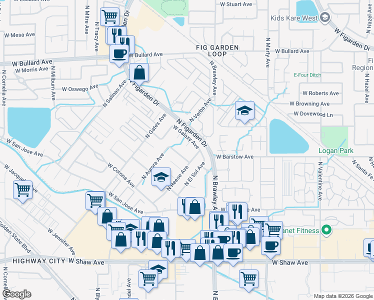map of restaurants, bars, coffee shops, grocery stores, and more near 5436 North Sunrise Avenue in Fresno