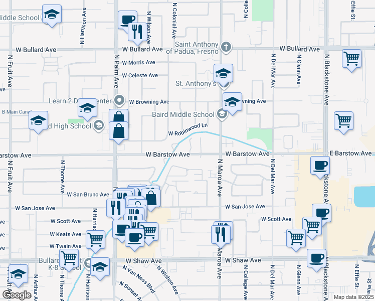 map of restaurants, bars, coffee shops, grocery stores, and more near 538 West Barstow Avenue in Fresno