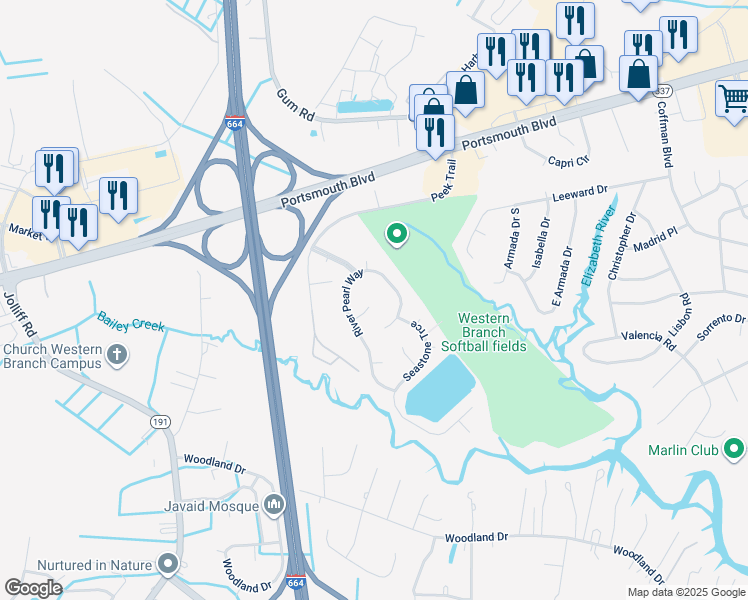 map of restaurants, bars, coffee shops, grocery stores, and more near 4708 Feldspar Quay in Chesapeake
