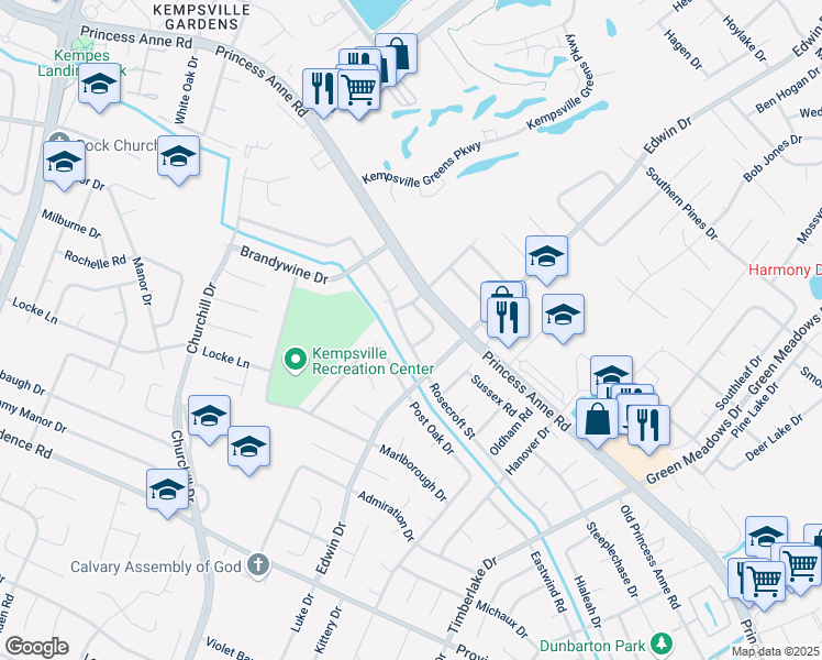 map of restaurants, bars, coffee shops, grocery stores, and more near 4790 Rosecroft Street in Virginia Beach