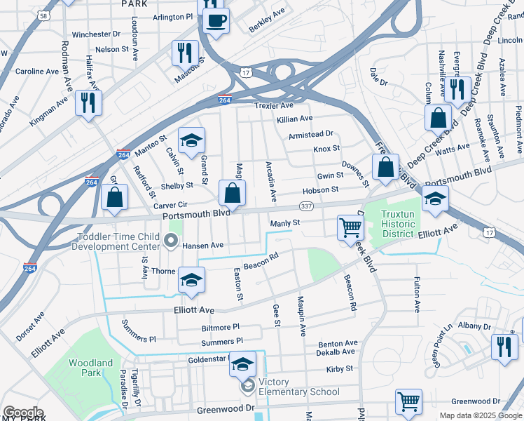map of restaurants, bars, coffee shops, grocery stores, and more near 2825 Portsmouth Boulevard in Portsmouth