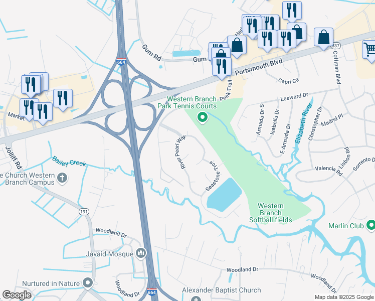 map of restaurants, bars, coffee shops, grocery stores, and more near 4706 Feldspar Quay in Chesapeake