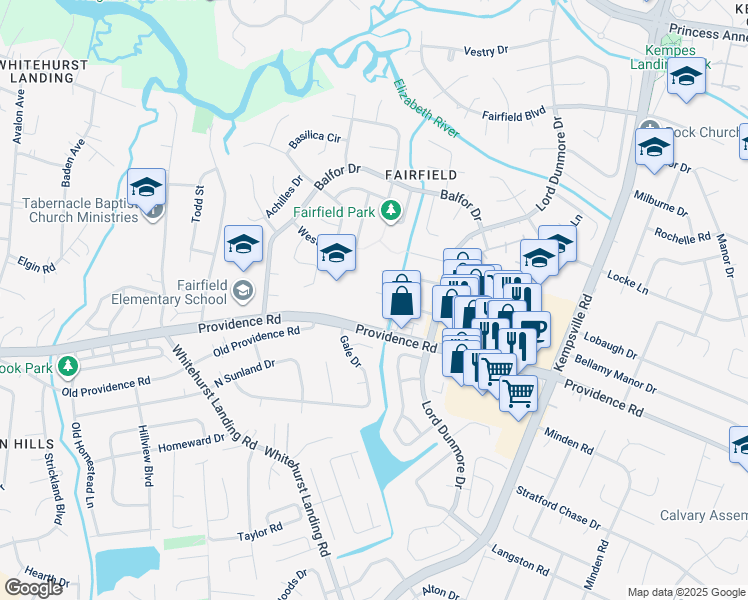 map of restaurants, bars, coffee shops, grocery stores, and more near 5205 Walton Court in Virginia Beach