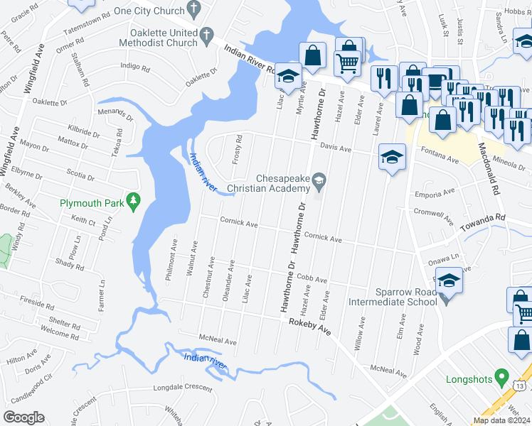 map of restaurants, bars, coffee shops, grocery stores, and more near 1320 Lilac Avenue in Chesapeake