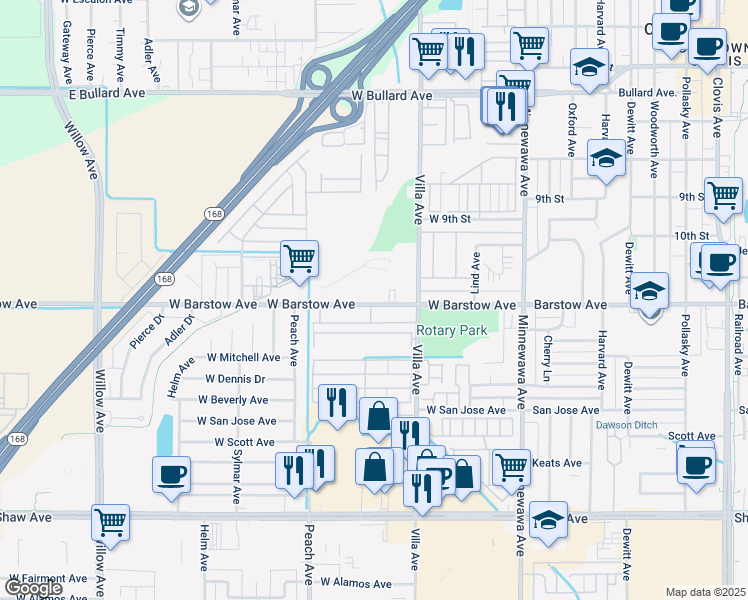 map of restaurants, bars, coffee shops, grocery stores, and more near 287 West Barstow Avenue in Clovis