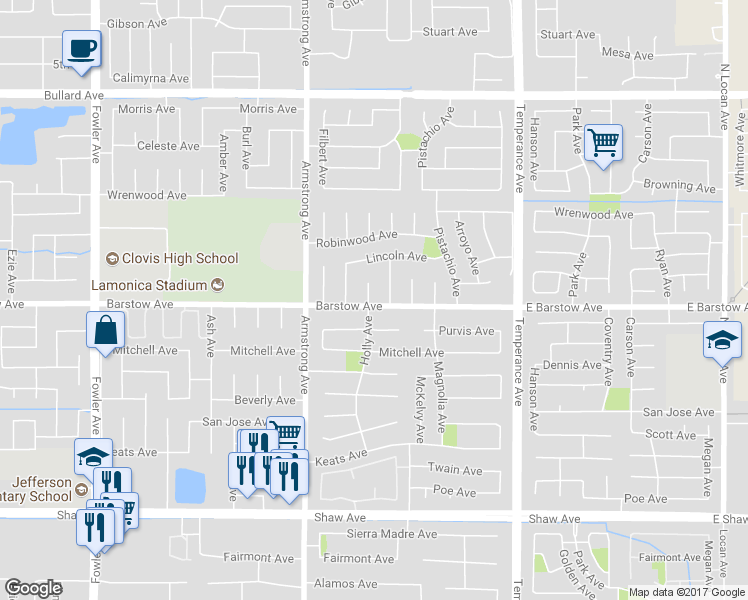 map of restaurants, bars, coffee shops, grocery stores, and more near 1191 Holly Avenue in Clovis