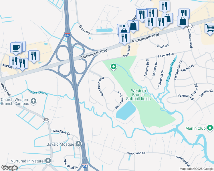 map of restaurants, bars, coffee shops, grocery stores, and more near 4708 Feldspar Quay in Chesapeake