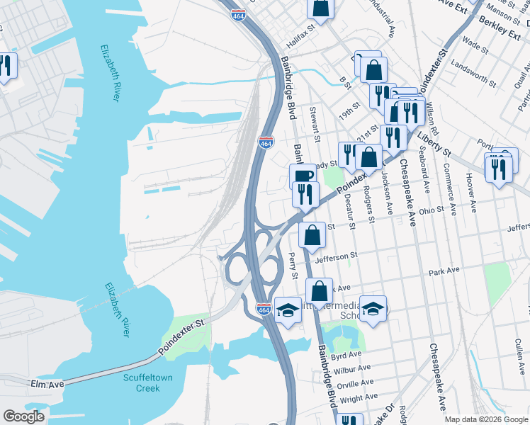 map of restaurants, bars, coffee shops, grocery stores, and more near 1116 Porter Street in Chesapeake