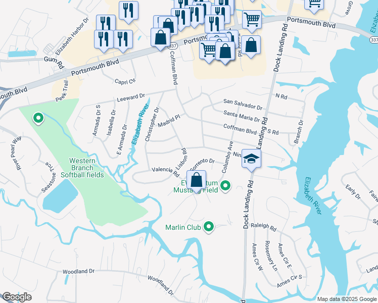 map of restaurants, bars, coffee shops, grocery stores, and more near 2025 Lisbon Road in Chesapeake