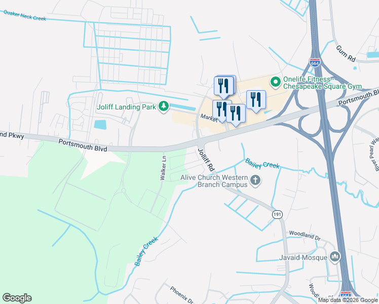 map of restaurants, bars, coffee shops, grocery stores, and more near 4907 Portsmouth Boulevard in Chesapeake