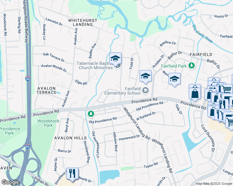 map of restaurants, bars, coffee shops, grocery stores, and more near 765 Whitehurst Landing Road in Virginia Beach