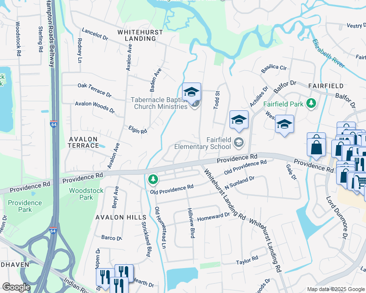 map of restaurants, bars, coffee shops, grocery stores, and more near 710 Skipwith Road in Virginia Beach