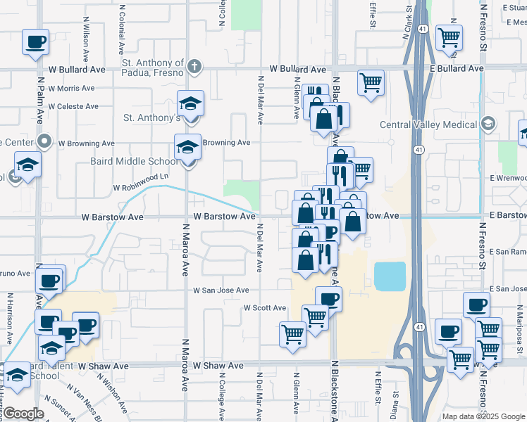 map of restaurants, bars, coffee shops, grocery stores, and more near 198 West Barstow Avenue in Fresno