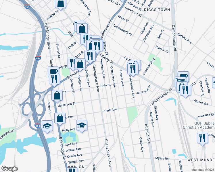 map of restaurants, bars, coffee shops, grocery stores, and more near 1201 Seaboard Avenue in Chesapeake
