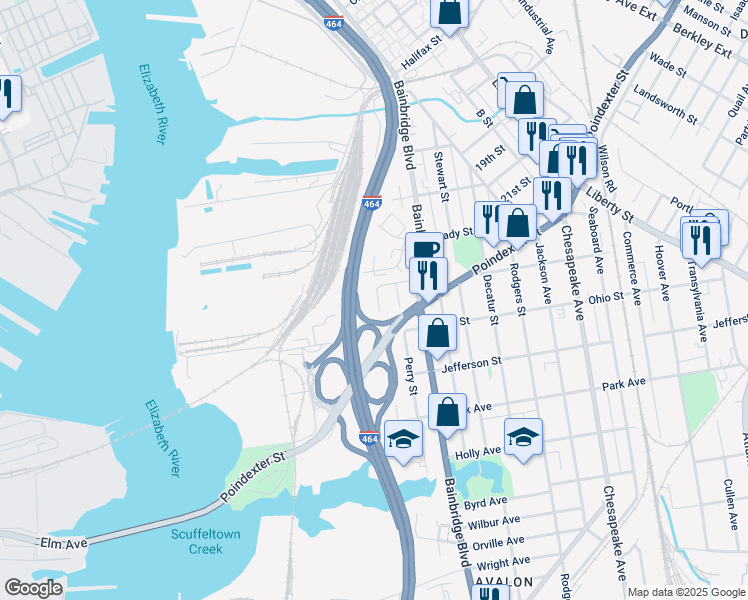 map of restaurants, bars, coffee shops, grocery stores, and more near 1116 Porter Street in Chesapeake