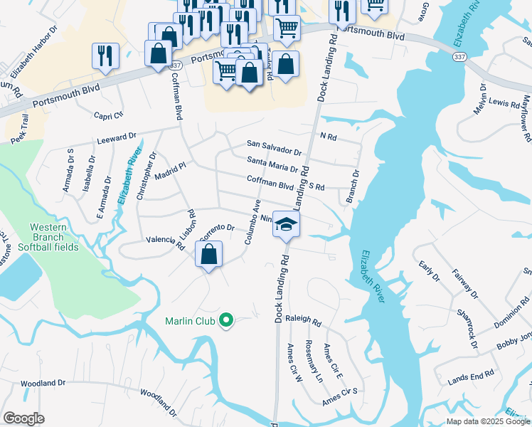 map of restaurants, bars, coffee shops, grocery stores, and more near 4016 Nina Drive in Chesapeake