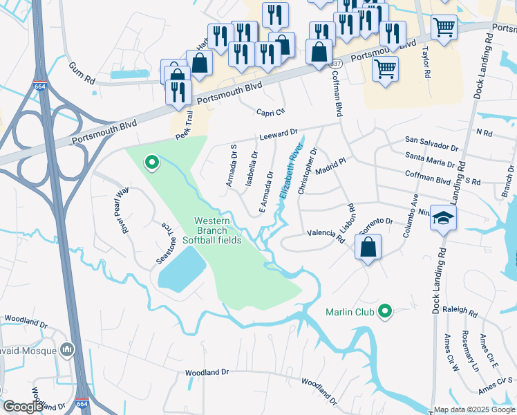 map of restaurants, bars, coffee shops, grocery stores, and more near 2136 East Armada Drive in Chesapeake