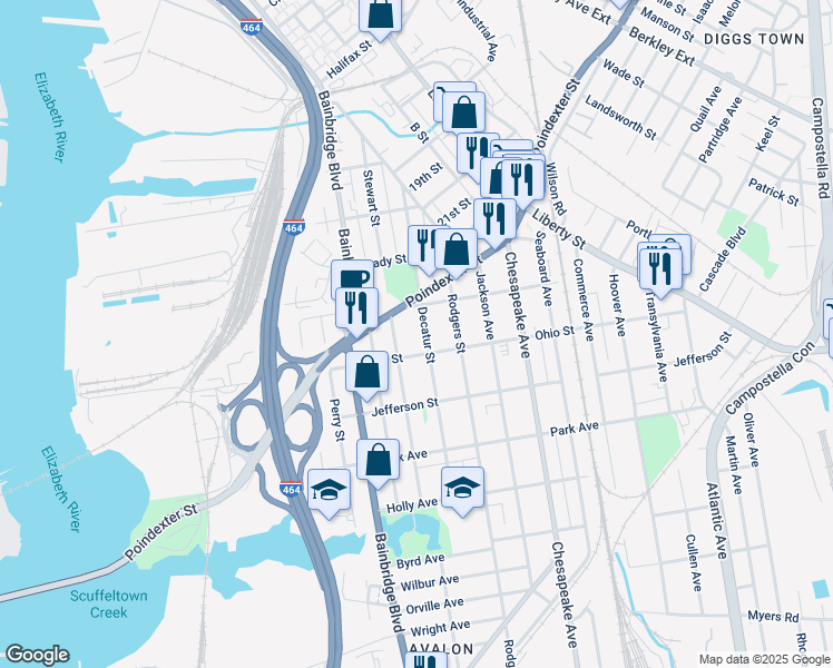 map of restaurants, bars, coffee shops, grocery stores, and more near 1129 Stewart Street in Chesapeake