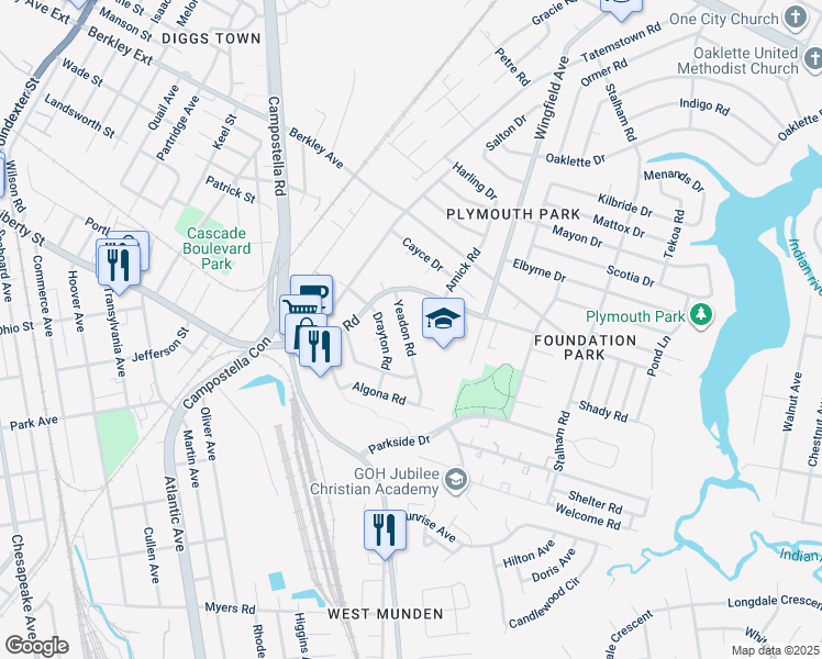 map of restaurants, bars, coffee shops, grocery stores, and more near 1215 Yeadon Road in Chesapeake