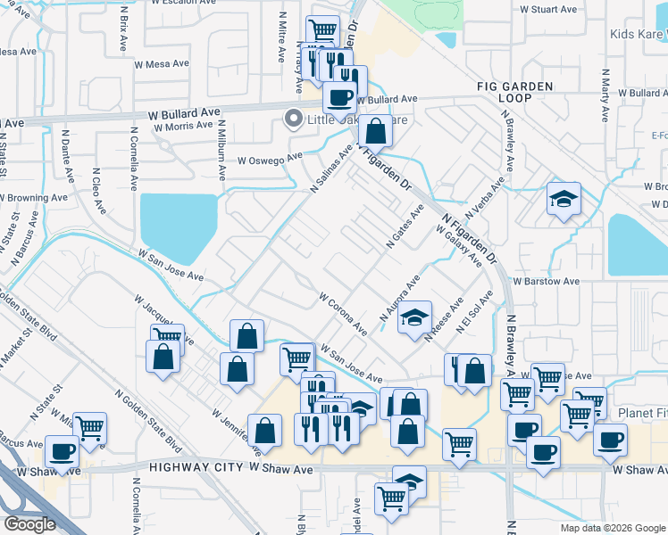 map of restaurants, bars, coffee shops, grocery stores, and more near 4408 West Cardiff Avenue in Fresno