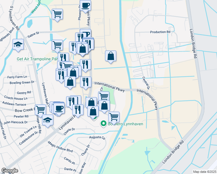 map of restaurants, bars, coffee shops, grocery stores, and more near 2697 International Parkway in Virginia Beach