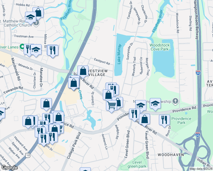 map of restaurants, bars, coffee shops, grocery stores, and more near 808 Raymond Court in Virginia Beach