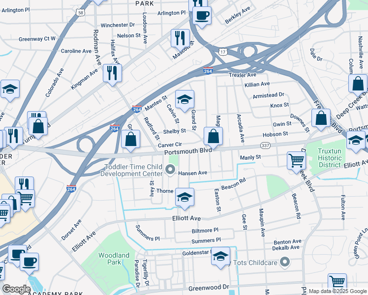 map of restaurants, bars, coffee shops, grocery stores, and more near 23 Carver Circle in Portsmouth