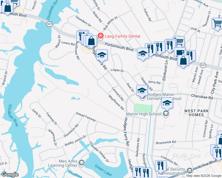 map of restaurants, bars, coffee shops, grocery stores, and more near 214 Leonard Road in Portsmouth