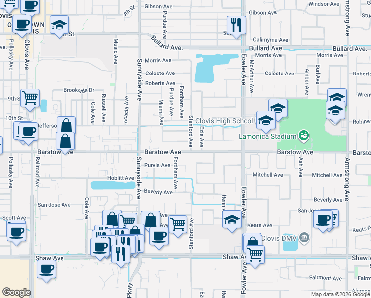map of restaurants, bars, coffee shops, grocery stores, and more near 1595 Barstow Avenue in Clovis