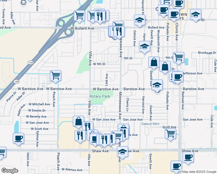 map of restaurants, bars, coffee shops, grocery stores, and more near 75 West Barstow Avenue in Clovis