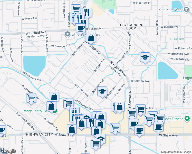 map of restaurants, bars, coffee shops, grocery stores, and more near 4245 West Capitola Avenue in Fresno