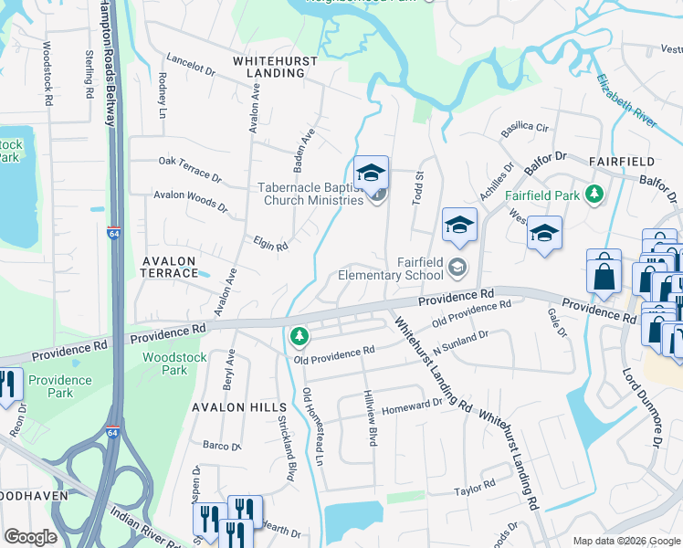 map of restaurants, bars, coffee shops, grocery stores, and more near 5626 Gates Landing Road in Virginia Beach