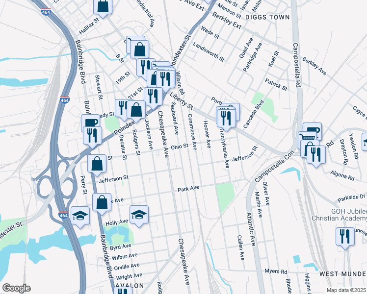map of restaurants, bars, coffee shops, grocery stores, and more near 1201 Seaboard Avenue in Chesapeake