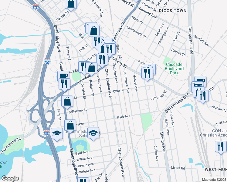 map of restaurants, bars, coffee shops, grocery stores, and more near 1147 Chesapeake Avenue in Chesapeake