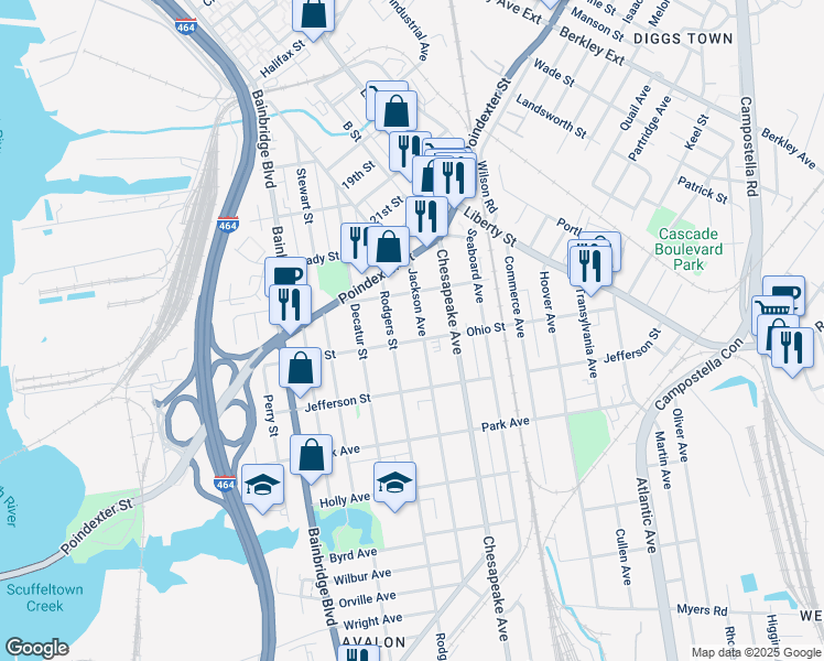 map of restaurants, bars, coffee shops, grocery stores, and more near 1136 Jackson Avenue in Chesapeake