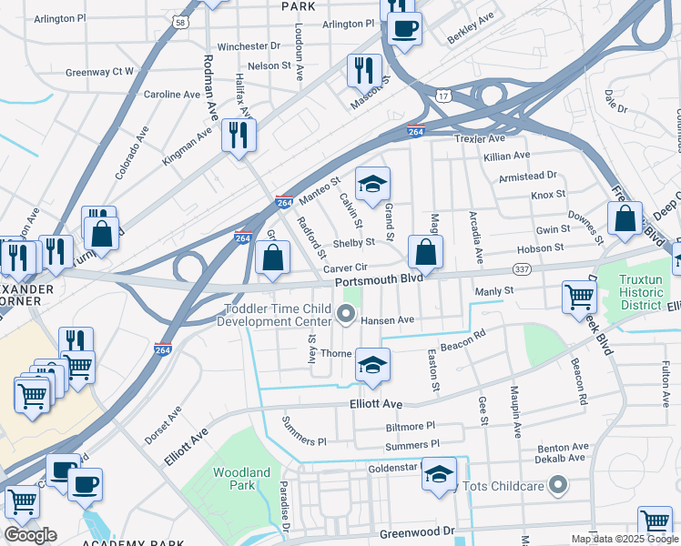 map of restaurants, bars, coffee shops, grocery stores, and more near 49 Carver Circle in Portsmouth