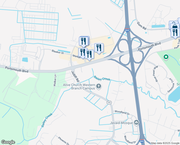 map of restaurants, bars, coffee shops, grocery stores, and more near 4821 Portsmouth Boulevard in Chesapeake