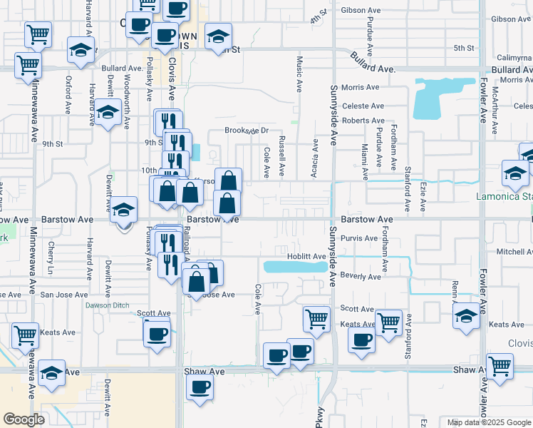 map of restaurants, bars, coffee shops, grocery stores, and more near 1031 Barstow Avenue in Clovis