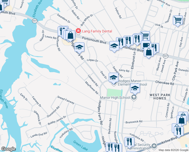 map of restaurants, bars, coffee shops, grocery stores, and more near 1320 Hodges Ferry Road in Portsmouth