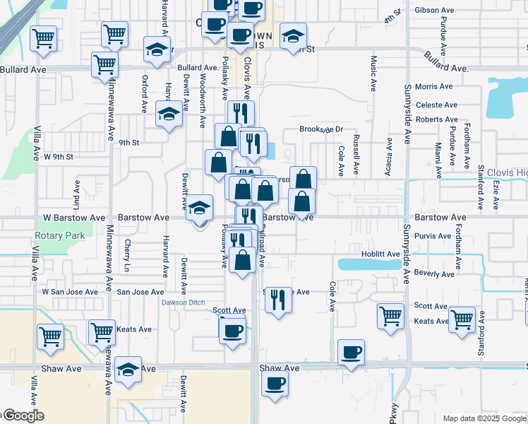 map of restaurants, bars, coffee shops, grocery stores, and more near 1131 Railroad Avenue in Clovis