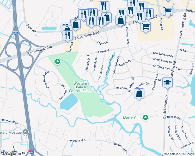 map of restaurants, bars, coffee shops, grocery stores, and more near 2136 East Armada Drive in Chesapeake