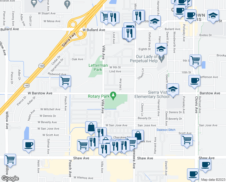 map of restaurants, bars, coffee shops, grocery stores, and more near 145 West Barstow Avenue in Clovis