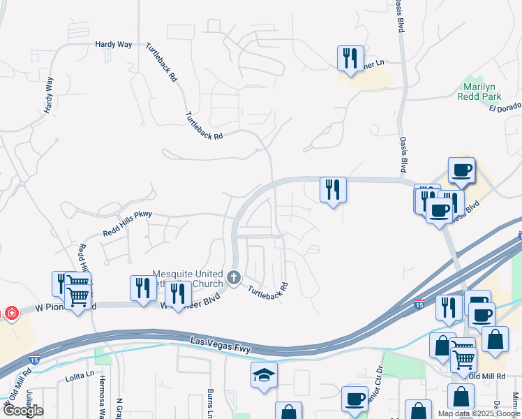 map of restaurants, bars, coffee shops, grocery stores, and more near 536 Plateau Road in Mesquite