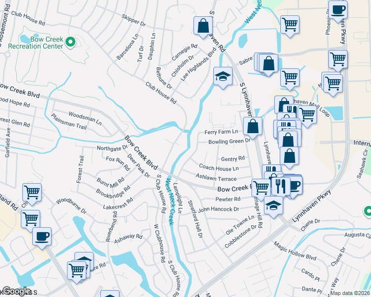 map of restaurants, bars, coffee shops, grocery stores, and more near 3201 Club House Court in Virginia Beach