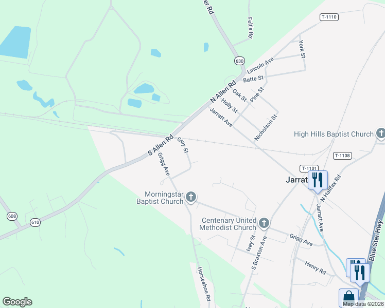 map of restaurants, bars, coffee shops, grocery stores, and more near 300-498 Gray Street in Jarratt