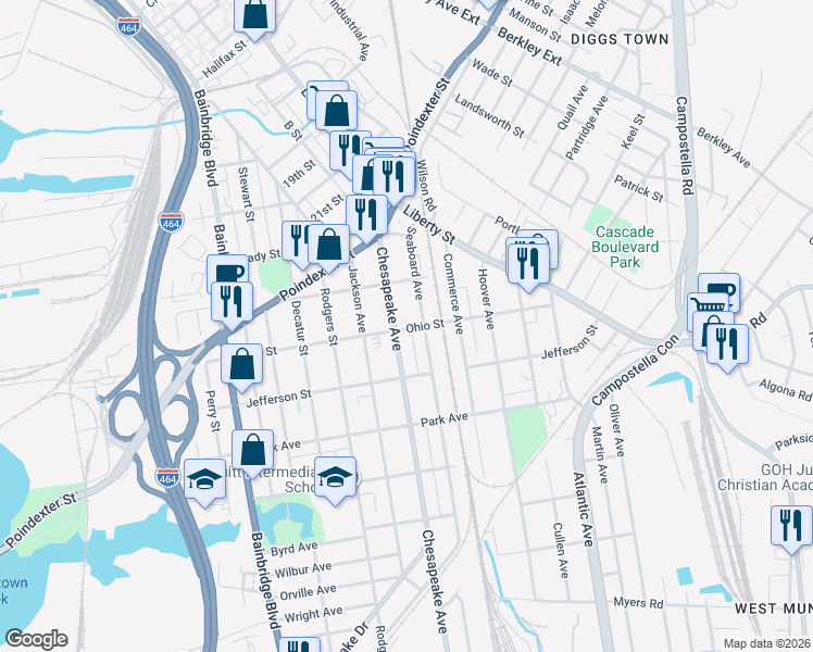 map of restaurants, bars, coffee shops, grocery stores, and more near 1147 Chesapeake Avenue in Chesapeake