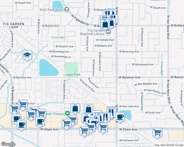 map of restaurants, bars, coffee shops, grocery stores, and more near 5433 North Feland Avenue in Fresno